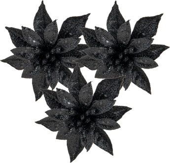 Cosy&Trendy Kerstboom decoratie bloemen op clip - 3x st- zwart - 8 cm - glitters - kunststof