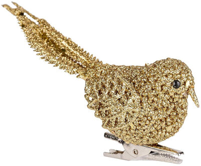 Cosy&Trendy Kerstboom decoratie vogel - goud - op clip - 12 cm - kunststof - glitters