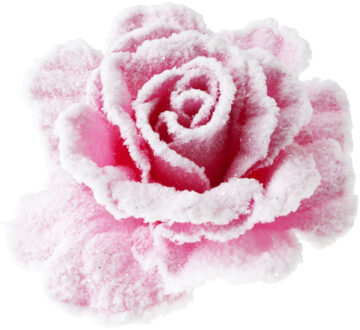 Cosy&Trendy Kerstboom decoratierozen roze met sneeuw op clip 12 cm