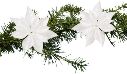 Cosy&Trendy Kerstboomversiering - 2x - bloem - op clip - witte kerstster - 18 cm