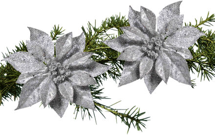 Cosy&Trendy Kerstboomversiering - 2x - bloem - op clip - zilveren kerstster - 18 cm