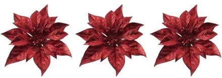 Cosy&Trendy Kerstboomversiering - 3x - bloem - op clip - rode kerstster - 18 cm Rood