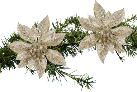 Cosy&Trendy Kerstboomversiering Bloem - 2x - 15 cm - champagne - op clip - ornament