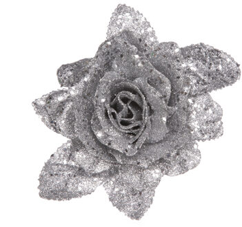 Cosy&Trendy Kerstboomversiering Bloemen - 10 cm - zilver glitter - op clip - ornament - roos