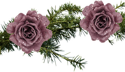 Cosy&Trendy Kerstboomversiering Bloemen - 2x - 10 cm - roze glitter - op clip - ornament
