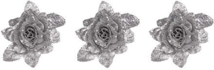Cosy&Trendy Kerstboomversiering Bloemen - 3x - 10 cm - zilver glitter - op clip - ornament - roos
