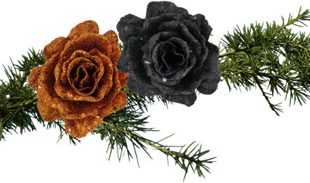 Cosy&Trendy Kerstboomversiering bloemen op clip - 2x st - koper en zwart - 10 cm