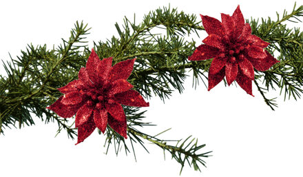Cosy&Trendy Kerstboomversiering bloemen op clip - 2x st - rood - 8 cm - glitters - kunststof
