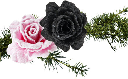 Cosy&Trendy Kerstboomversiering bloemen op clip - 2x st - roze en zwart - 10 cm