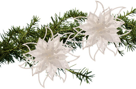 Cosy&Trendy Kerstboomversiering bloemen op clip - 2x st- wit - 14 cm - glitters