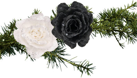 Cosy&Trendy Kerstboomversiering bloemen op clip - 2x st - wit en zwart - 10 cm
