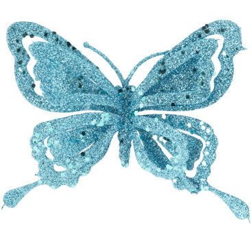 Cosy&Trendy Kerstboomversiering Vlinder - 14 cm - blauw glitter - op clip - ornament