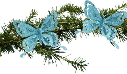 Cosy&Trendy Kerstboomversiering Vlinder - 2x - 14 cm - blauw glitter - op clip - ornament