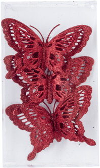 Cosy&Trendy Kerstboomversiering Vlinder - 3x stuks - 14 cm - rood glitter - op clip
