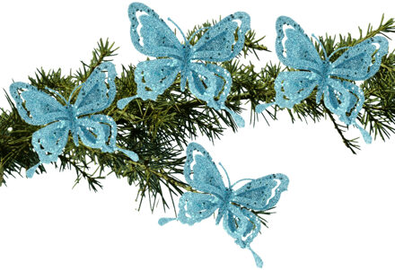 Cosy&Trendy Kerstboomversiering Vlinder - 4x - 14 cm - blauw glitter - op clip - ornament