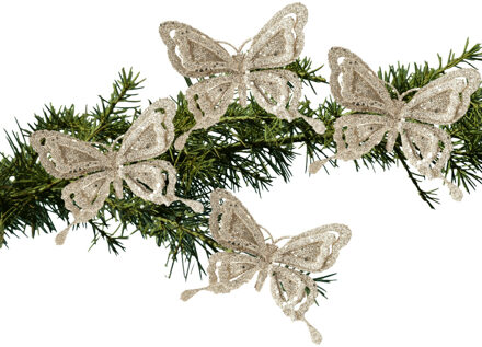 Cosy&Trendy Kerstboomversiering Vlinder - 4x - 14 cm - champagne glitter - op clip - ornament