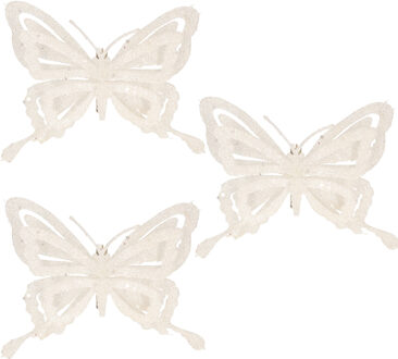 Cosy&Trendy Kerstboomversiering Vlinder - 6x - 14 cm - wit glitter - op clip - ornament