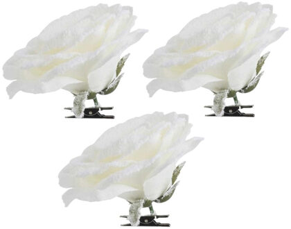 Cosy&Trendy kersthanger - 6x - bloem - op clip - wit - roos - 15 cm
