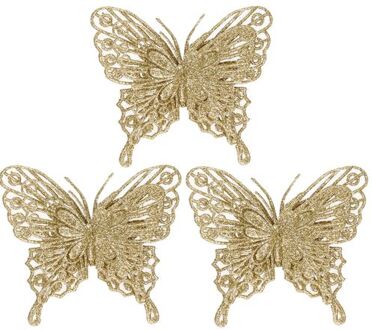 Cosy&Trendy Kersthangers op clip - 3ST - vlinders - goud - glitter - 11 cm - Kersthangers Goudkleurig