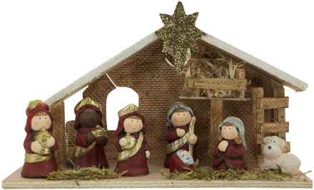 Cosy&Trendy Kerststal voor kinderen - met beeldjes en licht - 28 x 10 x 17 cm - hout/polyresin - kinderkamer Multi