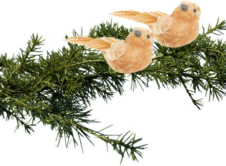 Cosy&Trendy Kerstversiering decoratie vogels - op clip - 2x stuks - caramel bruin - 12 cm - kunststof