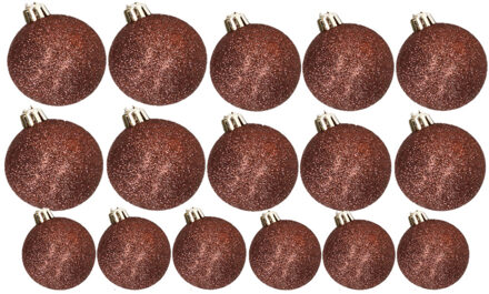 Cosy&Trendy Kerstversiering set glitter kerstballen donkerbruin 6 - 8 -10 cm - pakket van 50x stuks - Kerstbal