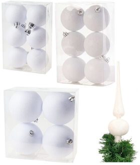 Cosy&Trendy Kerstversiering set glitter kerstballen en piek wit 6 - 8 -10 cm - pakket van 51x stuks