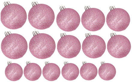 Cosy&Trendy Kerstversiering set glitter kerstballen roze 6 - 8 -10 cm - pakket van 50x stuks