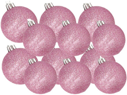 Cosy&Trendy Kerstversiering set glitter kerstballen roze 6 - 8 cm - pakket van 30x stuks - Kerstbal