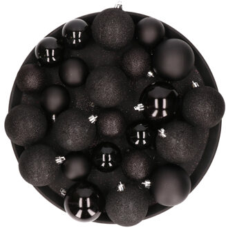 Cosy&Trendy Kerstversiering set kerstballen zwart 6 - 8 - 10 cm - pakket van 46x stuks