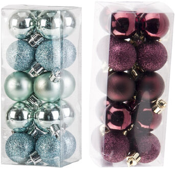 Cosy&Trendy Kleine kunststof kerstversiering 40x stuks set en 3 cm kerstballen in het aubergine en mintgroen - Kerstbal Rood