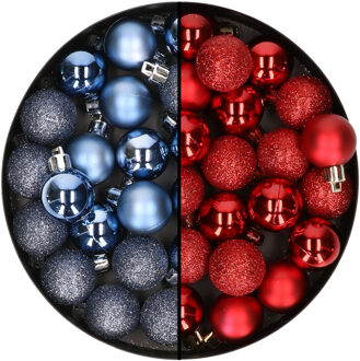 Cosy&Trendy Kleine kunststof kerstversiering 40x stuks set en 3 cm kerstballen in het donkerblauw en rood