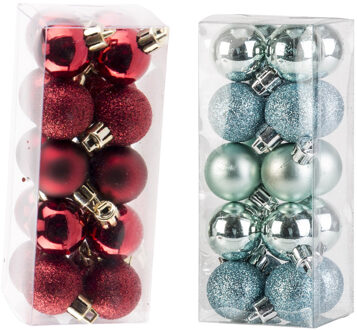 Cosy&Trendy Kleine kunststof kerstversiering 40x stuks set en 3 cm kerstballen in het donkerrood en mintgroen