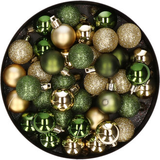 Cosy&Trendy Kleine kunststof kerstversiering 40x stuks set en 3 cm kerstballen in het goud en groen - Kerstbal Goudkleurig