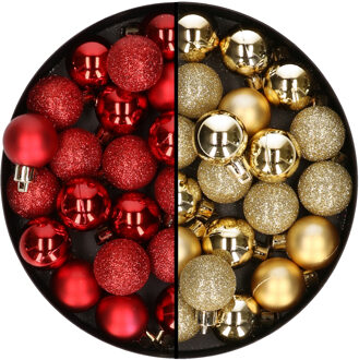 Cosy&Trendy Kleine kunststof kerstversiering 40x stuks set en 3 cm kerstballen in het goud en rood - Kerstbal