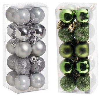 Cosy&Trendy Kleine kunststof kerstversiering 40x stuks set en 3 cm kerstballen in het zilver en appelgroen - Kerstbal Multikleur