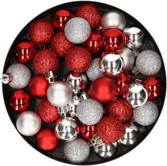 Cosy&Trendy Kleine kunststof kerstversiering 40x stuks set en 3 cm kerstballen in het zilver en rood - Kerstbal Zilverkleurig