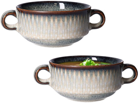 Cosy&Trendy Kommetjes/schaaltjes voor dessert/soep/ontbijt - 2x - Keramiek - D11 x 6 cm - grijs/groen print