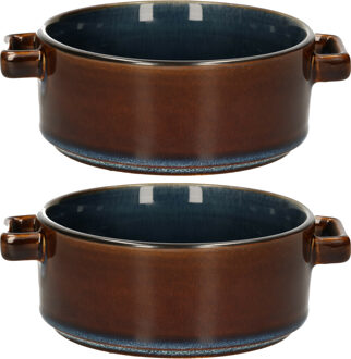 Cosy&Trendy Kommetjes/schaaltjes voor dessert/soep/ontbijt - 2x - Porselein - D13 x 5.5 cm - blauw/bruin