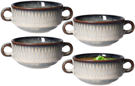 Cosy&Trendy Kommetjes/schaaltjes voor dessert/soep/ontbijt - 4x - Keramiek - D11 x 6 cm - grijs/groen print