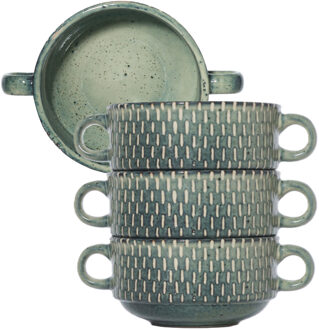 Cosy&Trendy Kommetjes/schaaltjes voor dessert/soep/ontbijt - 4x - Keramiek - D11 x 6 cm - groen print