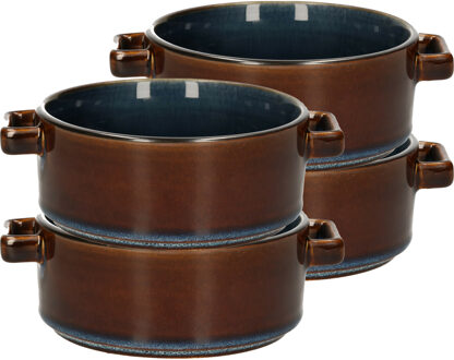 Cosy&Trendy Kommetjes/schaaltjes voor dessert/soep/ontbijt - 4x - Porselein - D13 x 5.5 cm - blauw/bruin