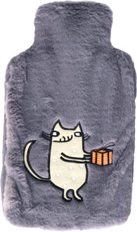 Cosy&Trendy Kruik - lichhtgrijs - bruine kat print - 2 liter - pluche hoes - warmwaterkruik