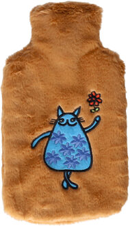 Cosy&Trendy Kruik - lichtbruin - blauwe kat - 2 liter - pluche hoes