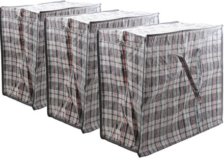 Cosy&Trendy Mega grote XXL boodschappentas / dekentas - 3x stuks - grijs geruit - 65 x 30 cm - kunststof - 82 li