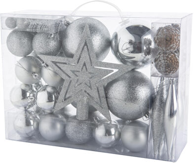 Cosy&Trendy Pakket 53x st - kerstballen, ornamenten en ster piek - zilver - kunststof