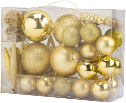Cosy&Trendy Pakket met 53x stuks kunststof kerstballen en kerstornamenten met ster piek goud Goudkleurig