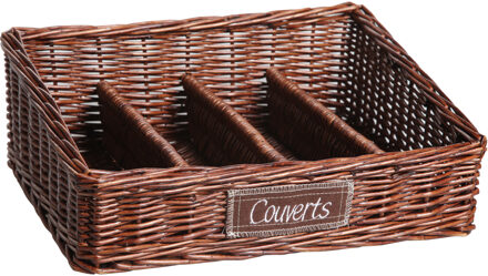 Cosy&Trendy Rieten bestekmand/bestekbak met 4 vakken - 34 x 28 cm - bruin - Bestek organiseer bakken