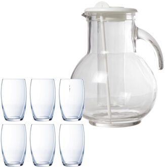 Cosy&Trendy schenkkan/waterkan van glas 2.0 liter met 6x waterglazen van 375 ml - Drinkglazen Transparant