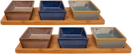 Cosy&Trendy Serveerplank bamboe - 2x - met 3 luxe schaaltjes - 31 x 15 cm - tapas em saus schaaltj